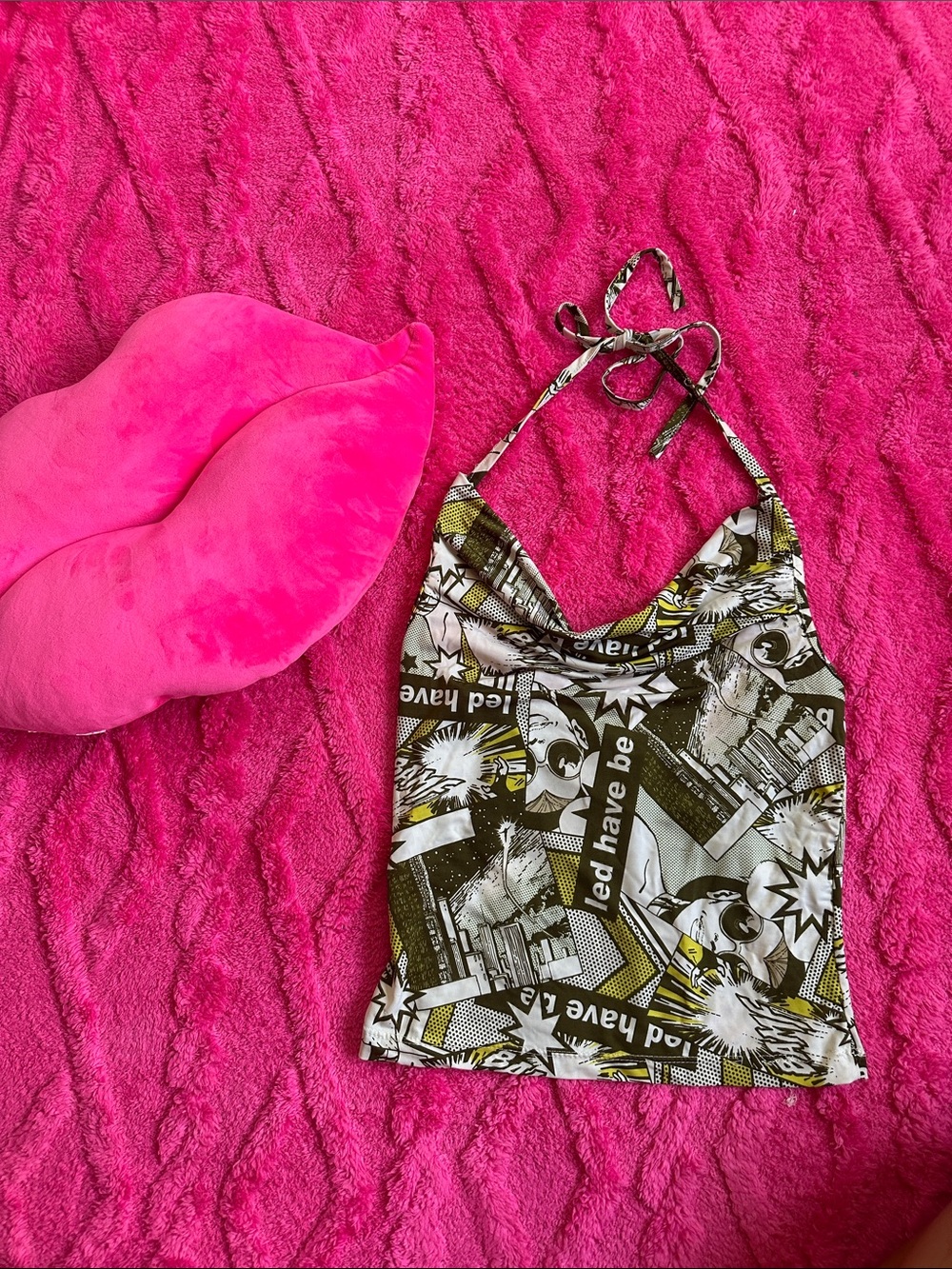 Y2K Graphic comic Halter cowl Tank Top in Olive, Black, White